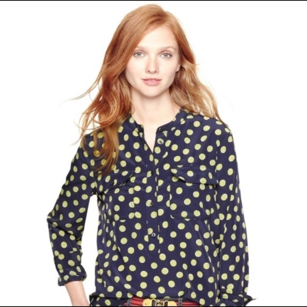 Gap navy and lime polka dot long‎ sleeve blouse